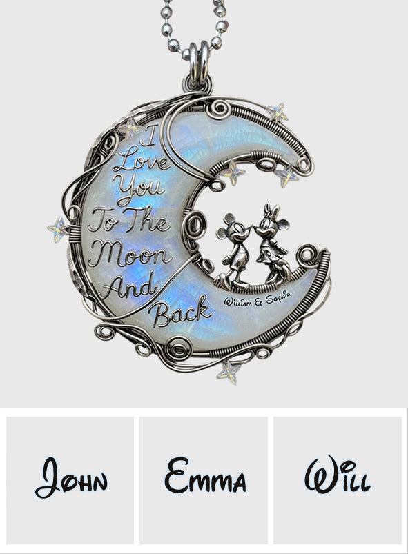 I Love You To The Moon And Back, Moonstone Styled Mouse Couple - Personalized Mouse Custom Shaped Pendant Necklace