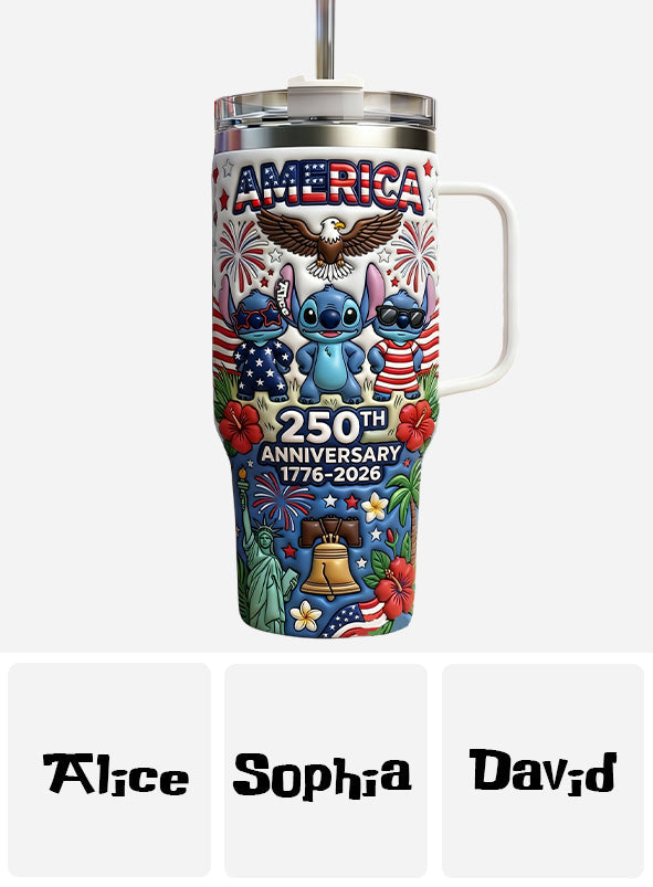 Cute Blue Alien USA 250th Anniversary - Personalized Ohana Tumbler With Handle