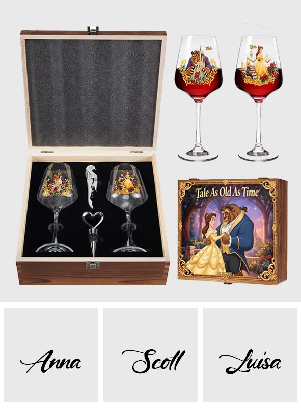 Tale As Old As Time - Personalized Beauty And The Beast Wine Glasses Set With Wooden Box