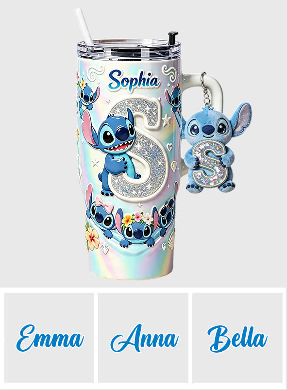 Cute Blue Alien With Letter - Personalized Ohana Tumbler With Plush Charm