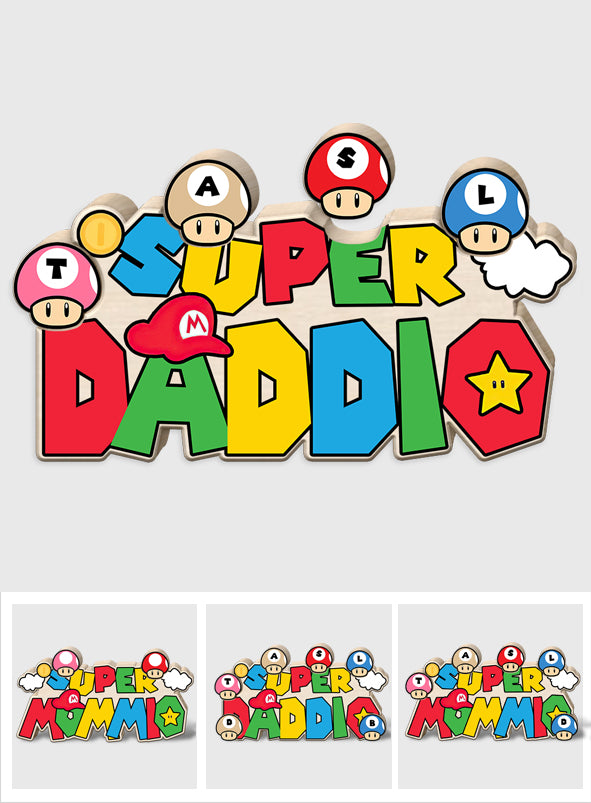 Super Daddio Mommio Baby Mushroom - Personalized Super Plumber Shaped Wooden Puzzle