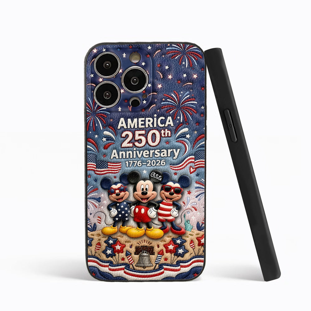 Cute Mouse USA 250th Anniversary - Personalized Mouse 3D Embossed Leather Phone Case