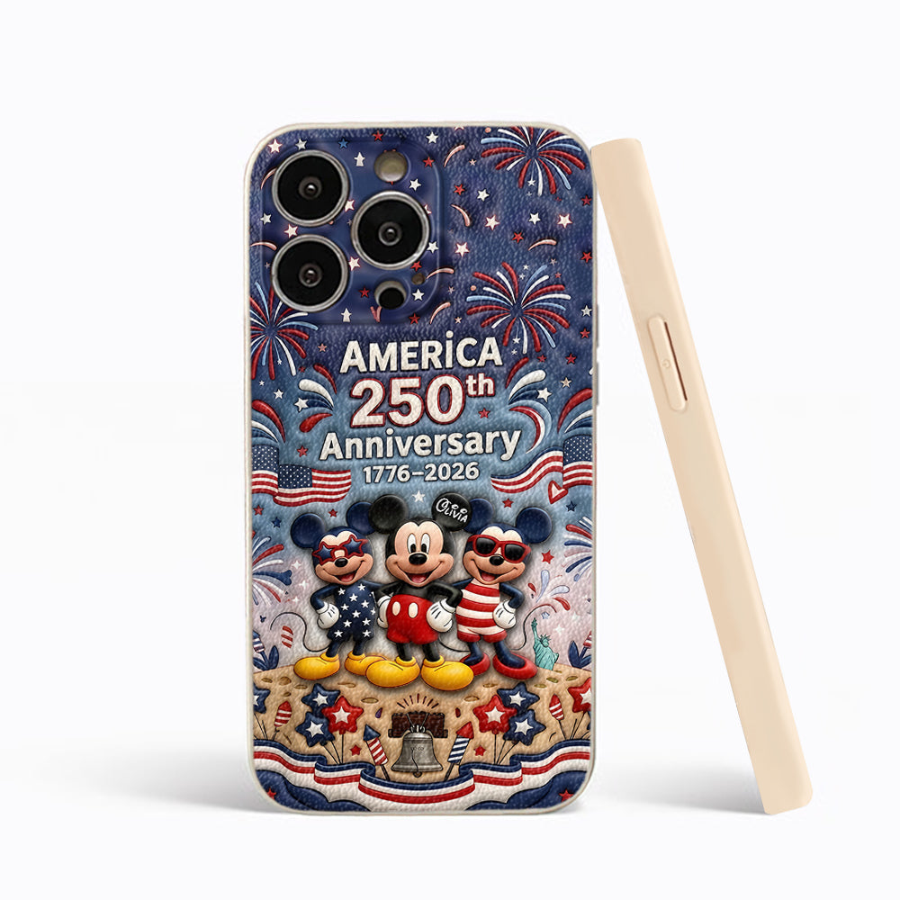 Cute Mouse USA 250th Anniversary - Personalized Mouse 3D Embossed Leather Phone Case