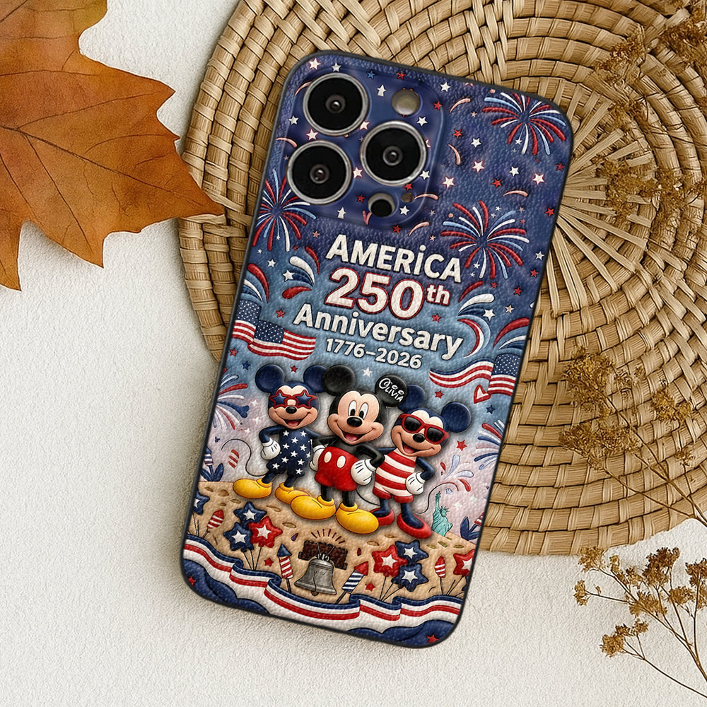 Cute Mouse USA 250th Anniversary - Personalized Mouse 3D Embossed Leather Phone Case