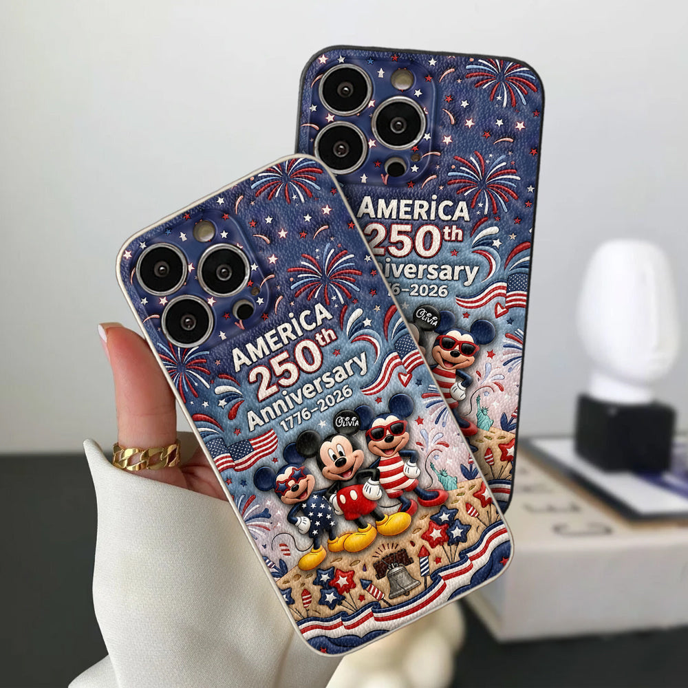 Cute Mouse USA 250th Anniversary - Personalized Mouse 3D Embossed Leather Phone Case