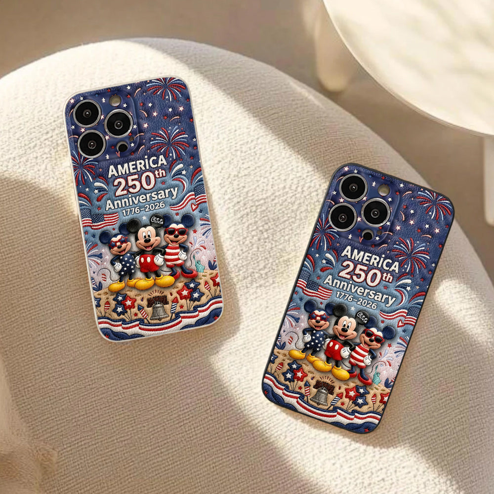 Cute Mouse USA 250th Anniversary - Personalized Mouse 3D Embossed Leather Phone Case