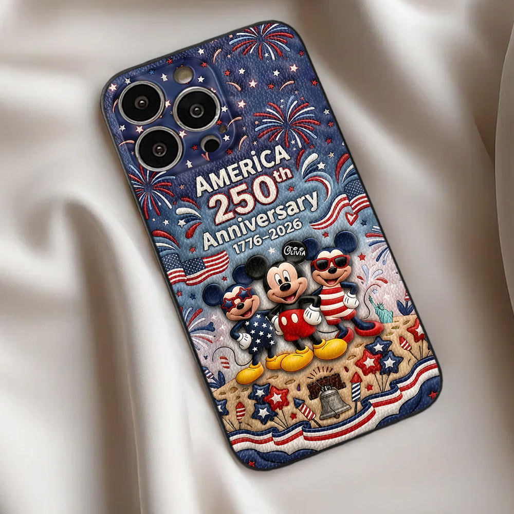 Cute Mouse USA 250th Anniversary - Personalized Mouse 3D Embossed Leather Phone Case
