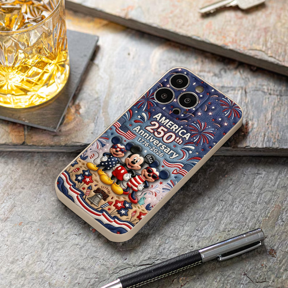 Cute Mouse USA 250th Anniversary - Personalized Mouse 3D Embossed Leather Phone Case