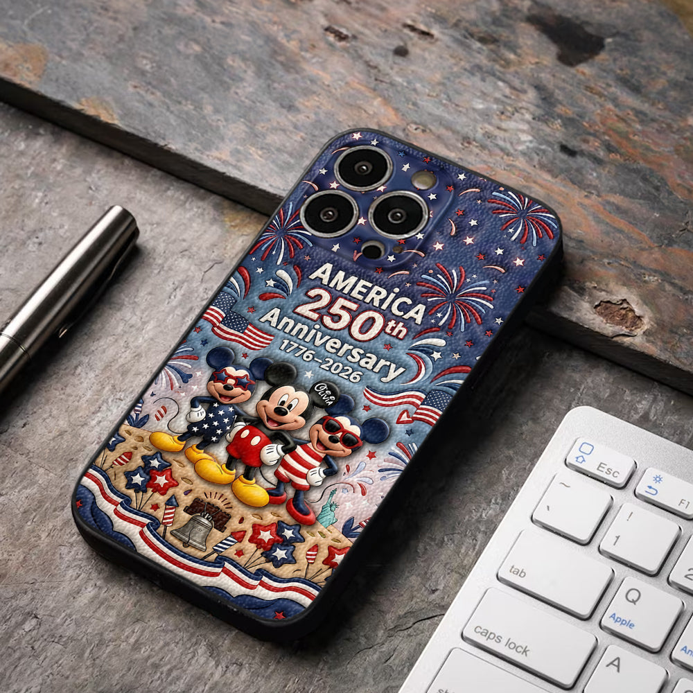 Cute Mouse USA 250th Anniversary - Personalized Mouse 3D Embossed Leather Phone Case