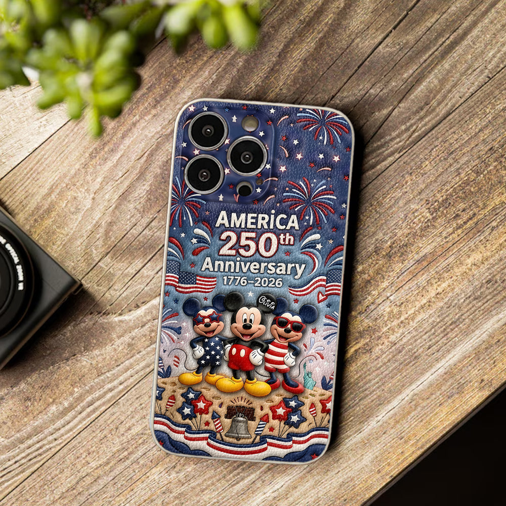 Cute Mouse USA 250th Anniversary - Personalized Mouse 3D Embossed Leather Phone Case