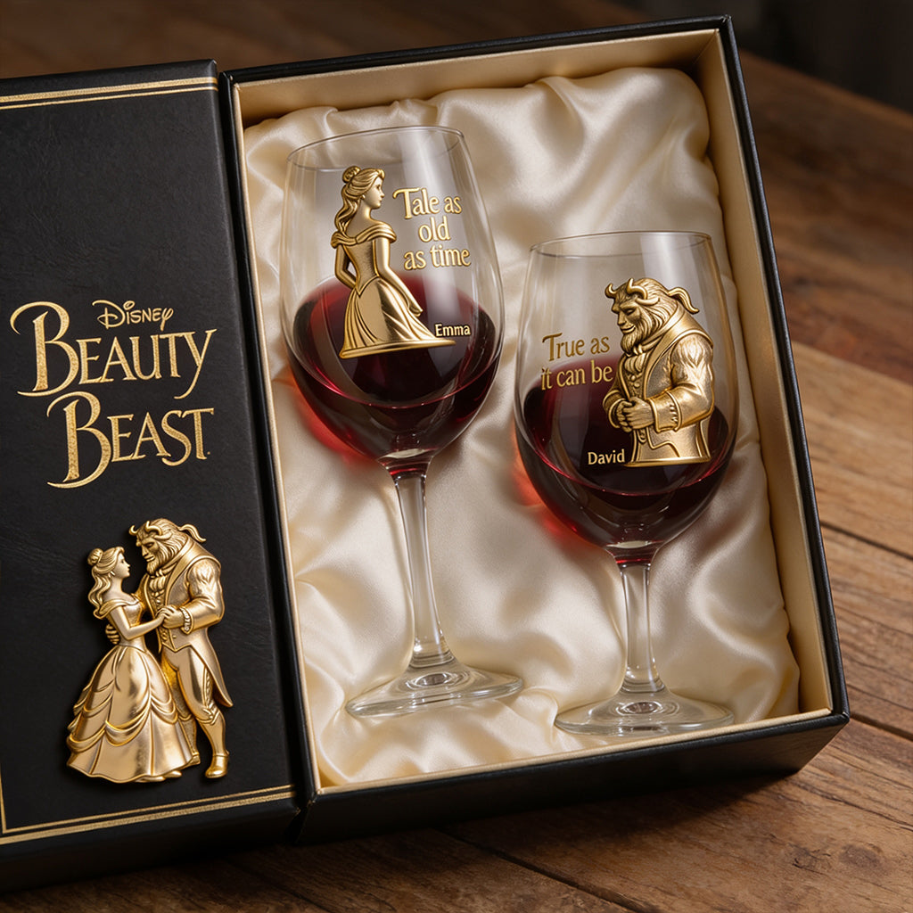 Fairy Tale Romantic Tale As Old As Time - Personalized Beauty And The Beast Wine Glasses Set With Wooden Box