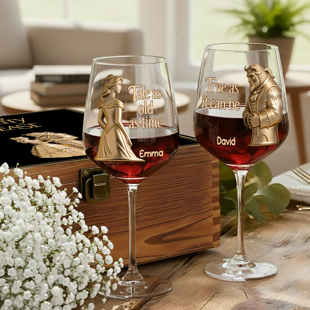 Fairy Tale Romantic Tale As Old As Time - Personalized Beauty And The Beast Wine Glasses Set With Wooden Box