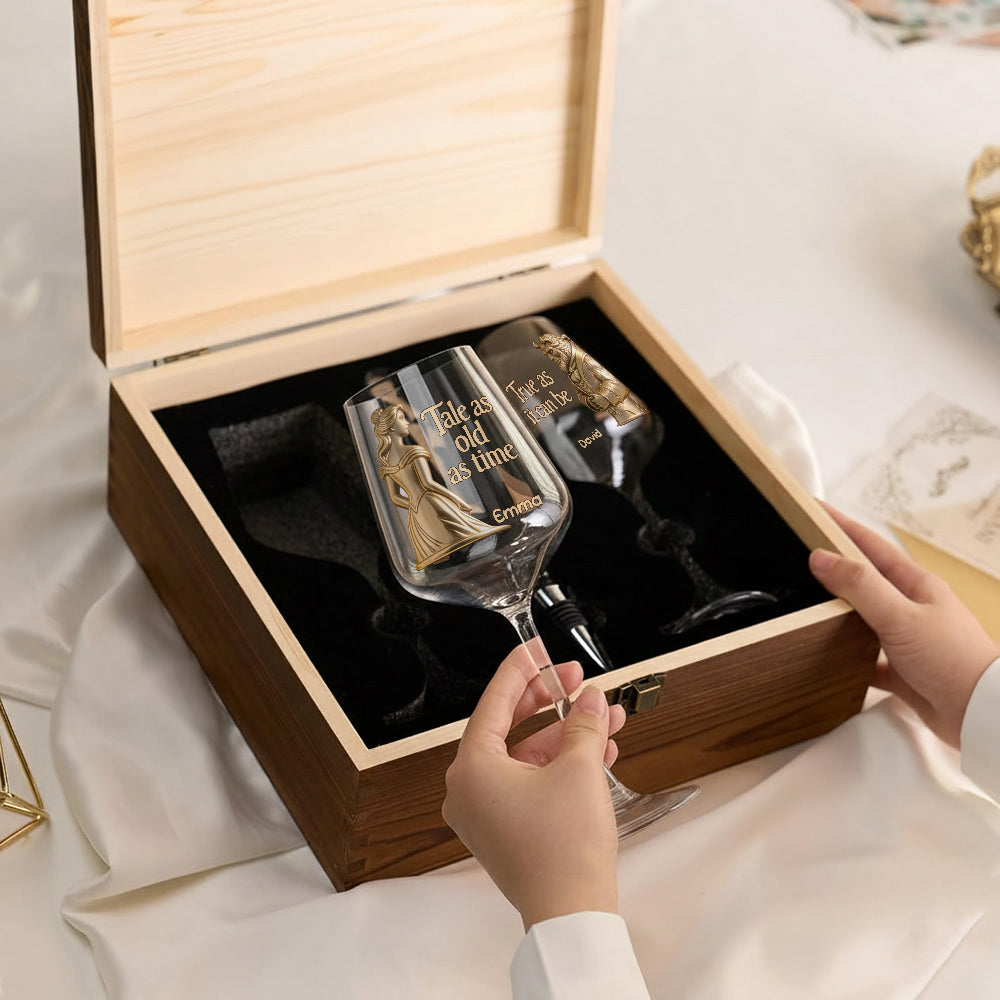 Fairy Tale Romantic Tale As Old As Time - Personalized Beauty And The Beast Wine Glasses Set With Wooden Box