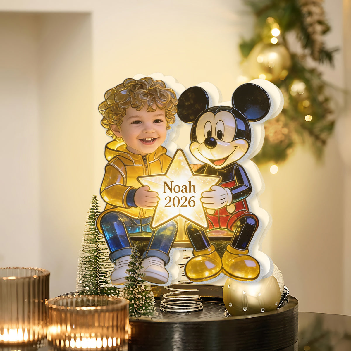 Kid And Character, Mouse, Bear, Ailen,.... - Personalized Kid LED Light Tree Topper