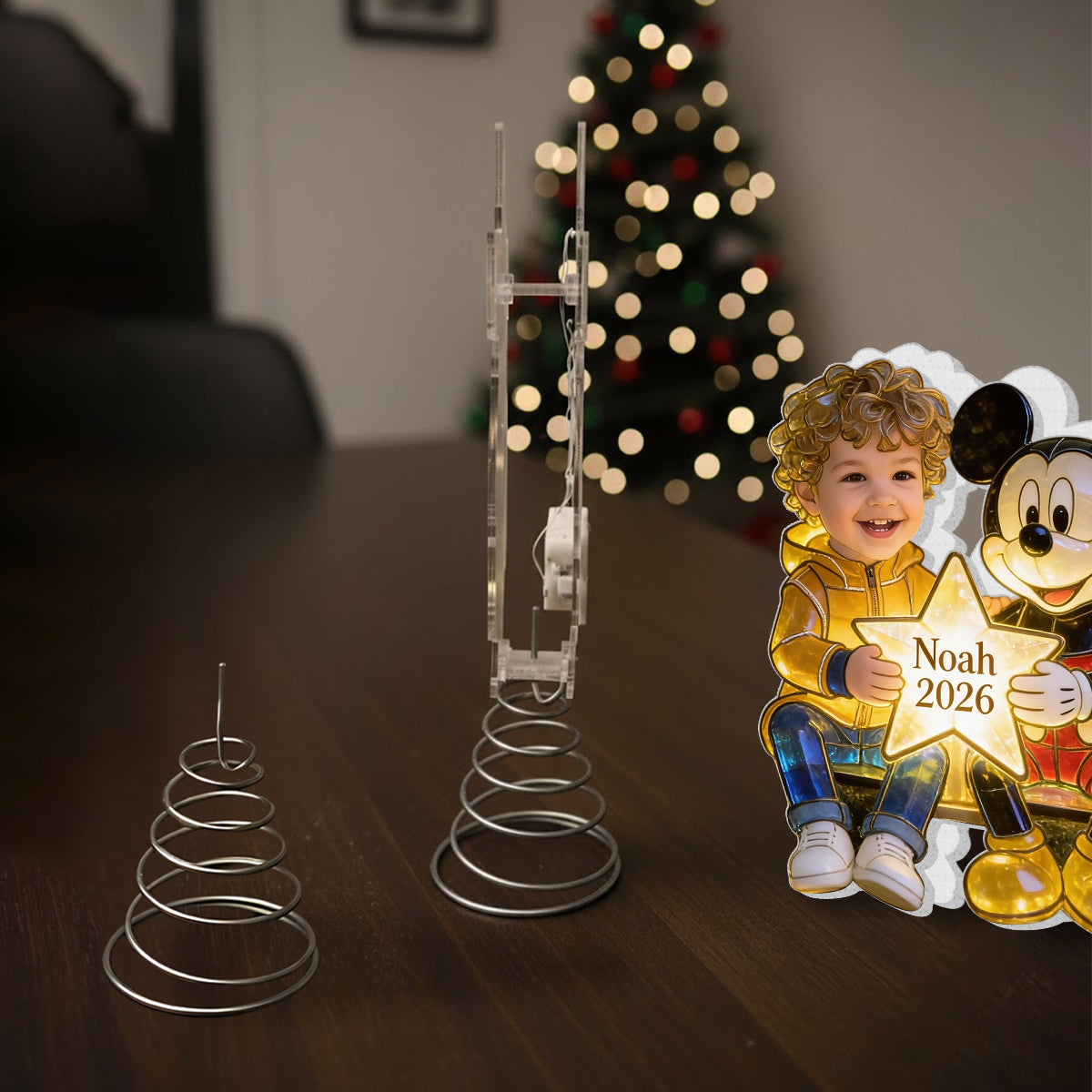 Kid And Character, Mouse, Bear, Ailen,.... - Personalized Kid LED Light Tree Topper