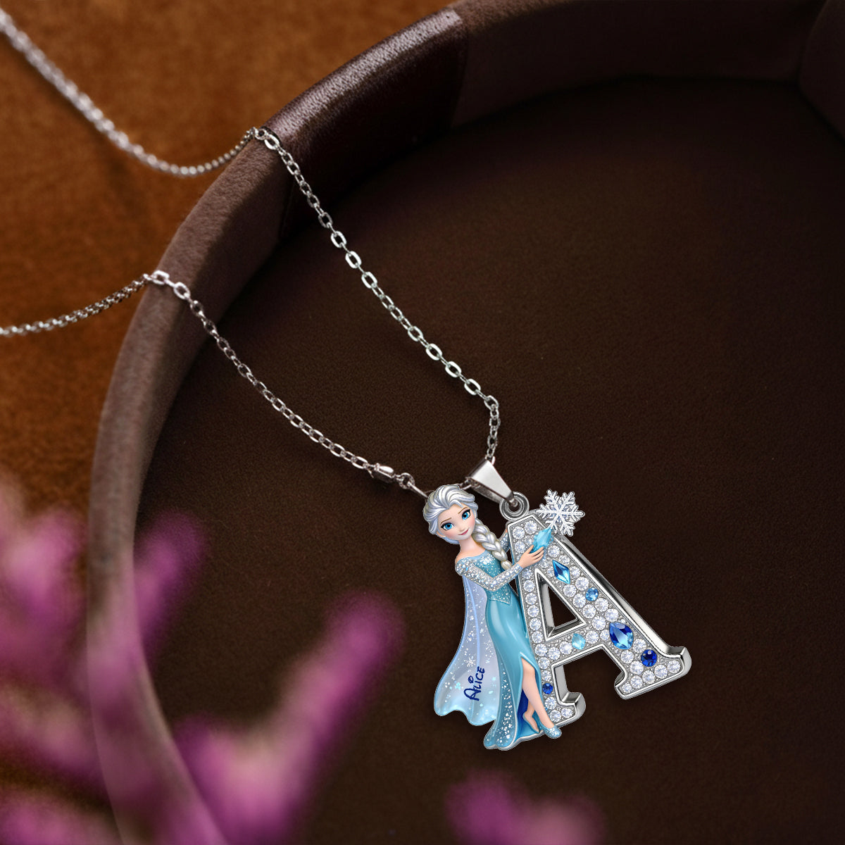 Enchanted Snow Initial - Personalized Beautiful Princess Shaped Metal Pendant Necklace