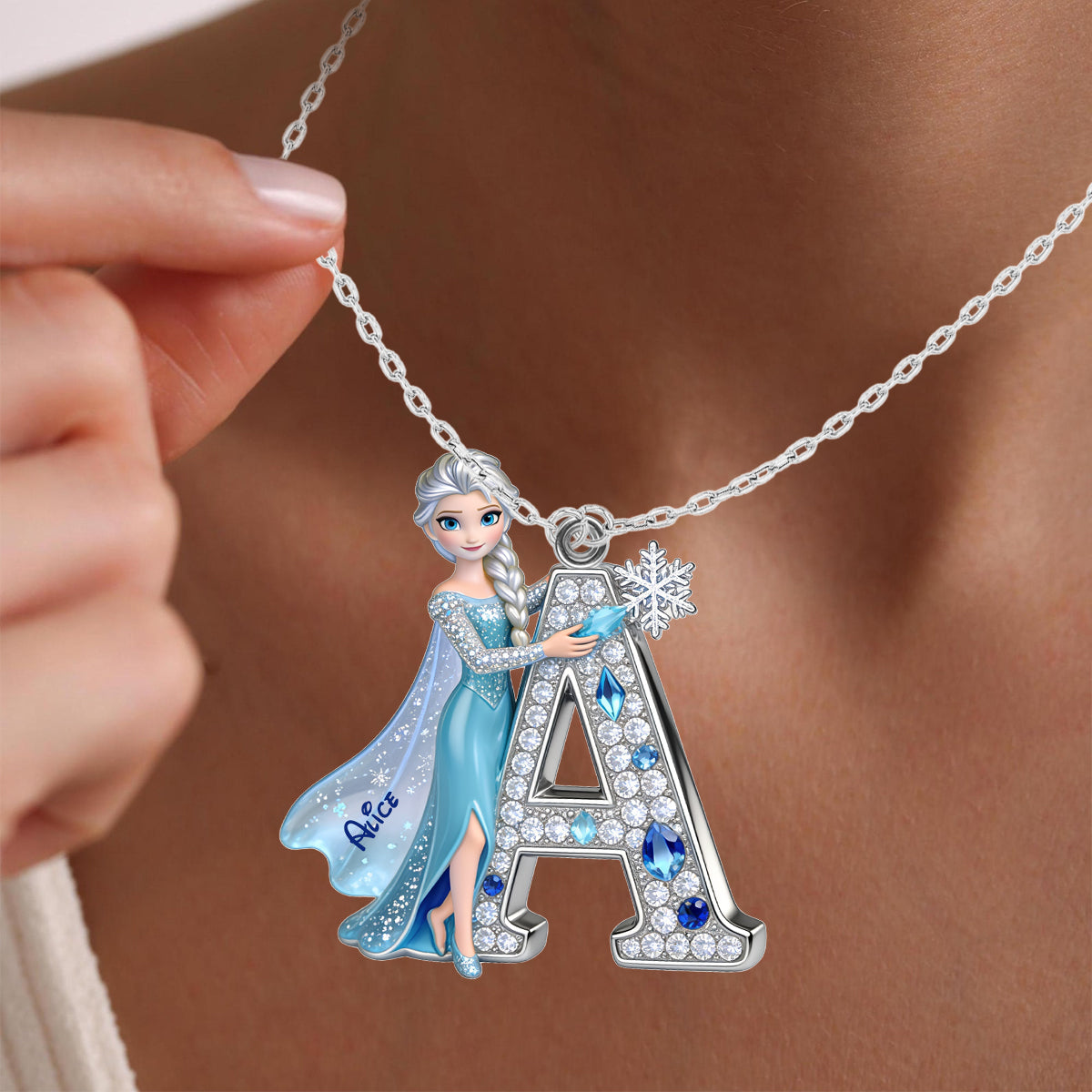 Enchanted Snow Initial - Personalized Beautiful Princess Shaped Metal Pendant Necklace