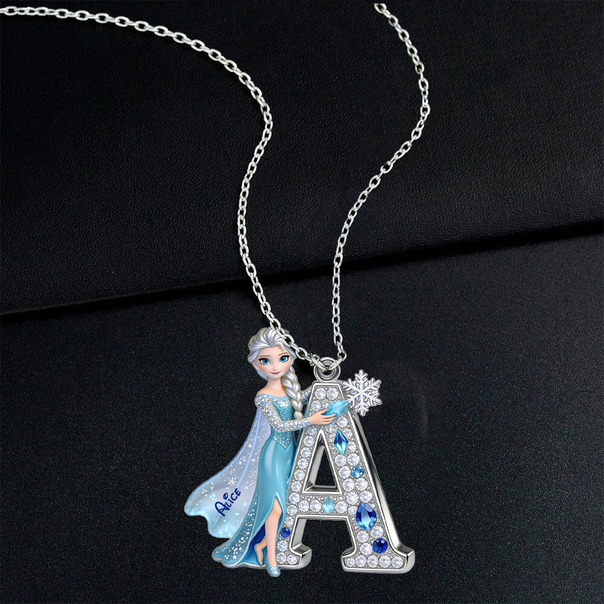 Enchanted Snow Initial - Personalized Beautiful Princess Shaped Metal Pendant Necklace