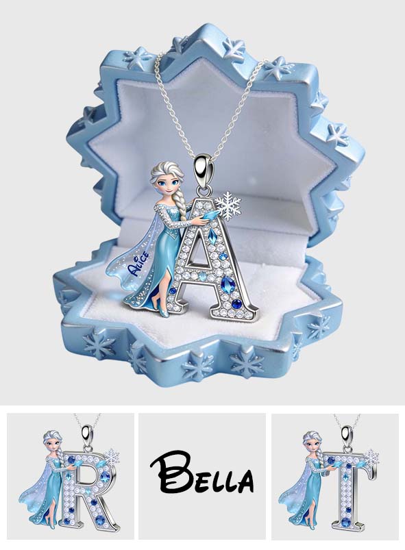 Enchanted Snow Initial - Personalized Beautiful Princess Shaped Metal Pendant Necklace
