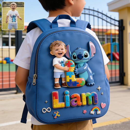 Autism Support Cartoon Puzzle Toy - Personalized Autism Awareness Changeable Leather Patch Backpack