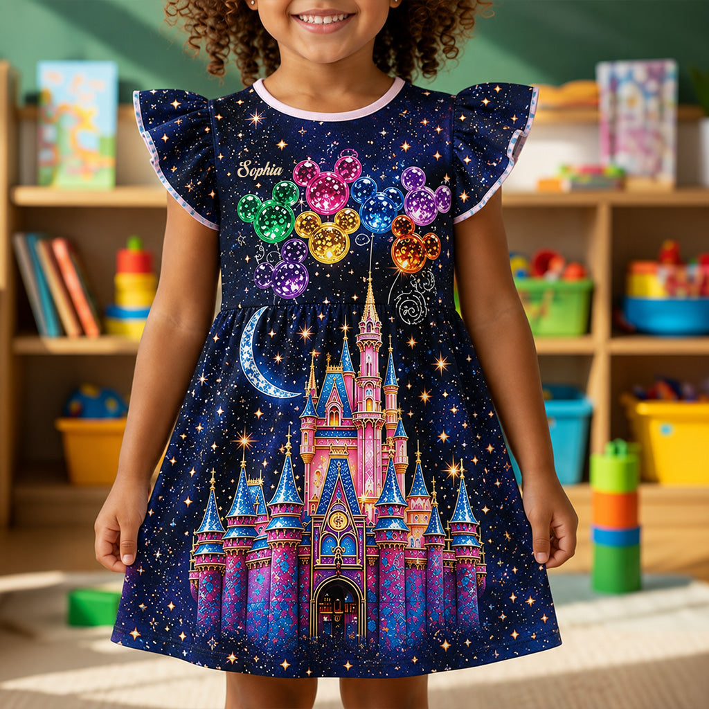 Magical Castle - Personalized Dream Trip Kid Ruffle Sleeve Dress