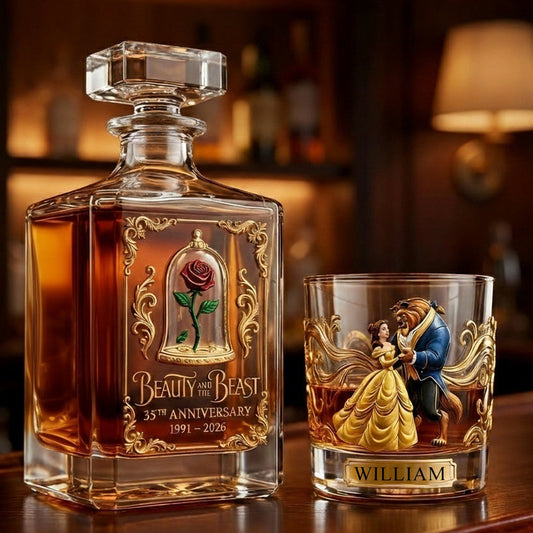 Princess And Her Beast 35th Anniversary - Personalized Beauty And The Beast Whiskey Decanter Set