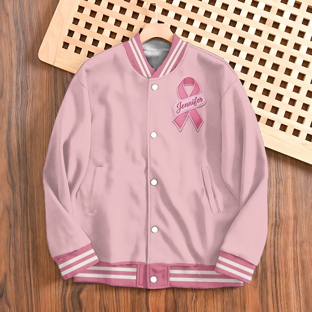 In October We Wear Pink - Personalized Breast Cancer Awareness Varsity Jacket