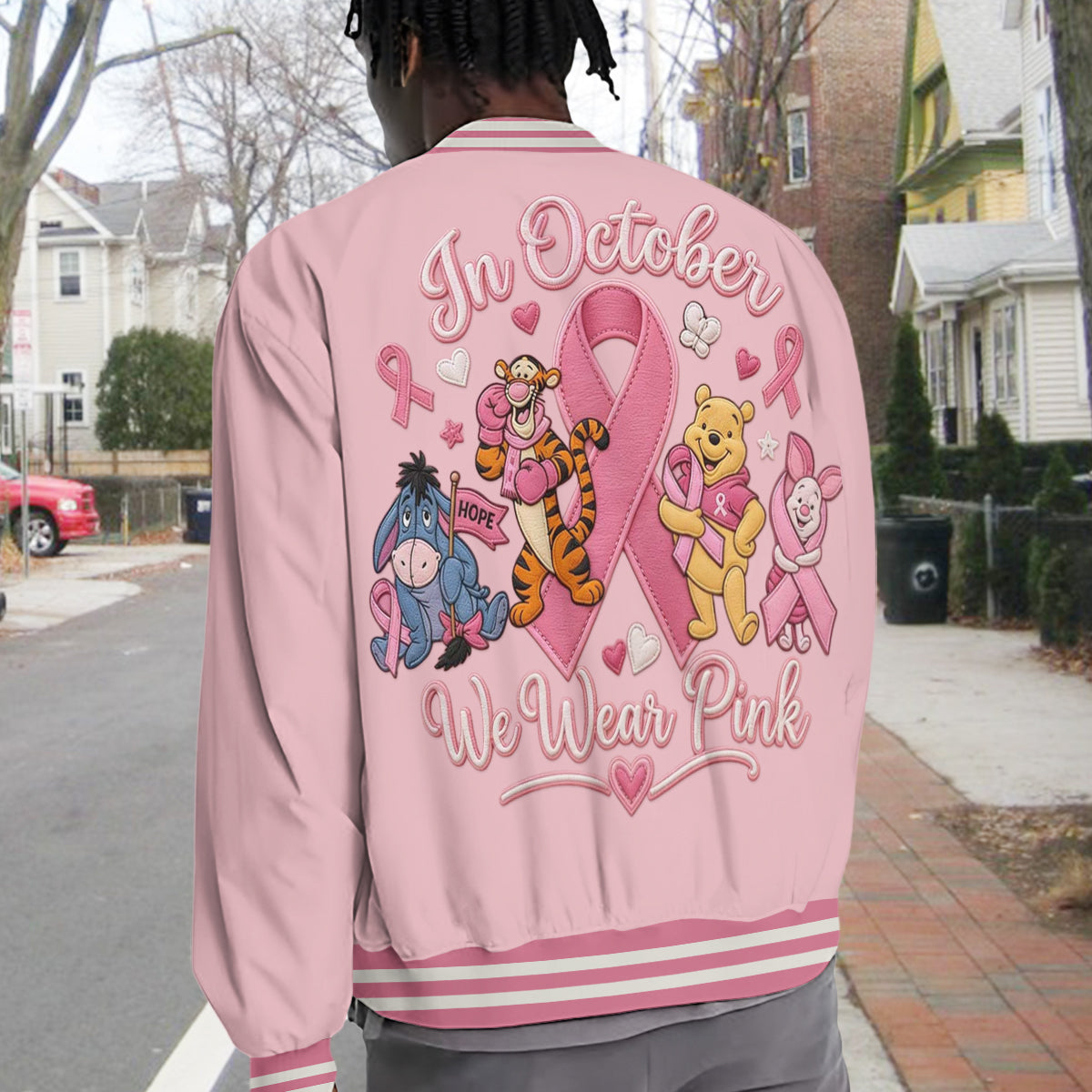 In October We Wear Pink - Personalized Breast Cancer Awareness Varsity Jacket