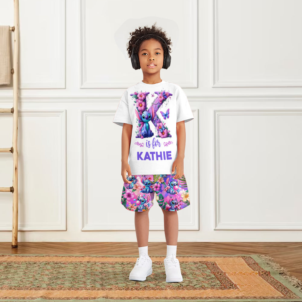 Blue Ohana Alphabet Letter Custom Name - Personalized Ohana Kid T-shirt & Shorts