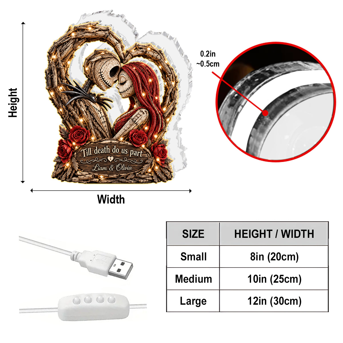 Skeleton Couple Heart - Personalized Nightmare Acrylic LED Night Light