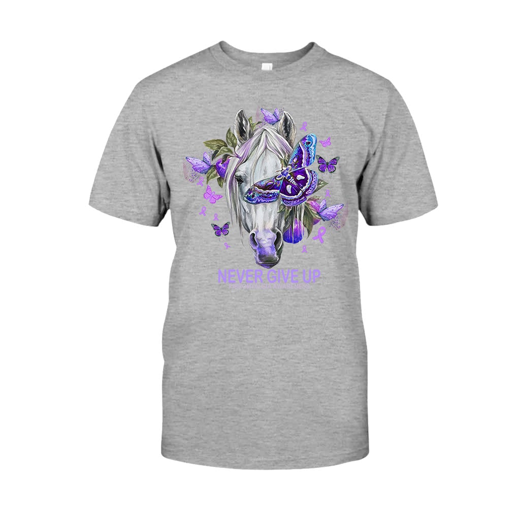 Never Give Up Horse Purple Butterfly - Fibromyalgia Awareness T-shirt and Hoodie 112021